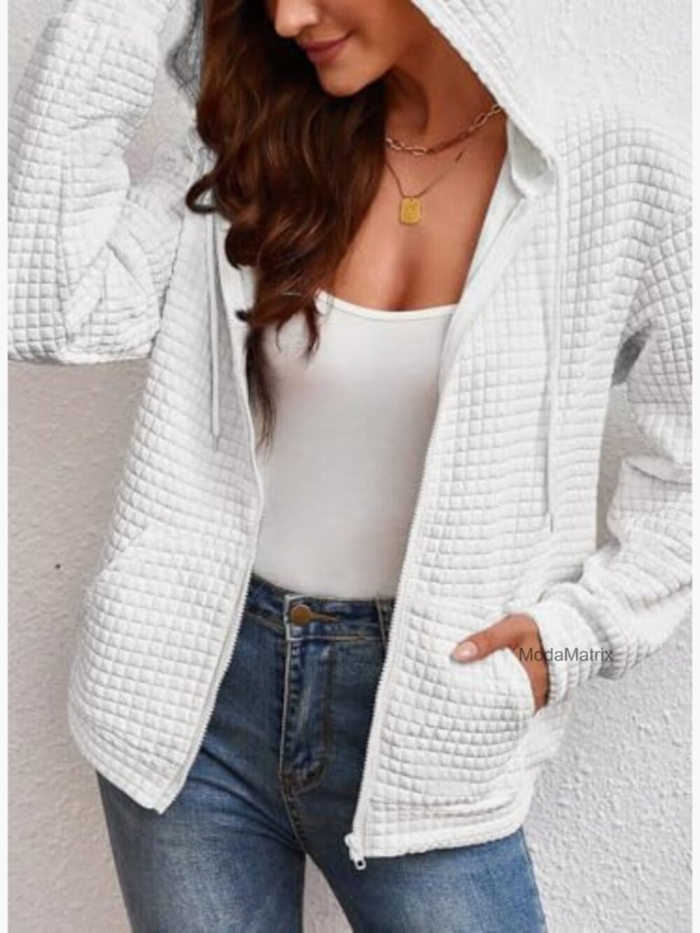 Zip Up Hoodie Oversized Waffle Sweatshirt Casual Jacket - Picture 2 of 7